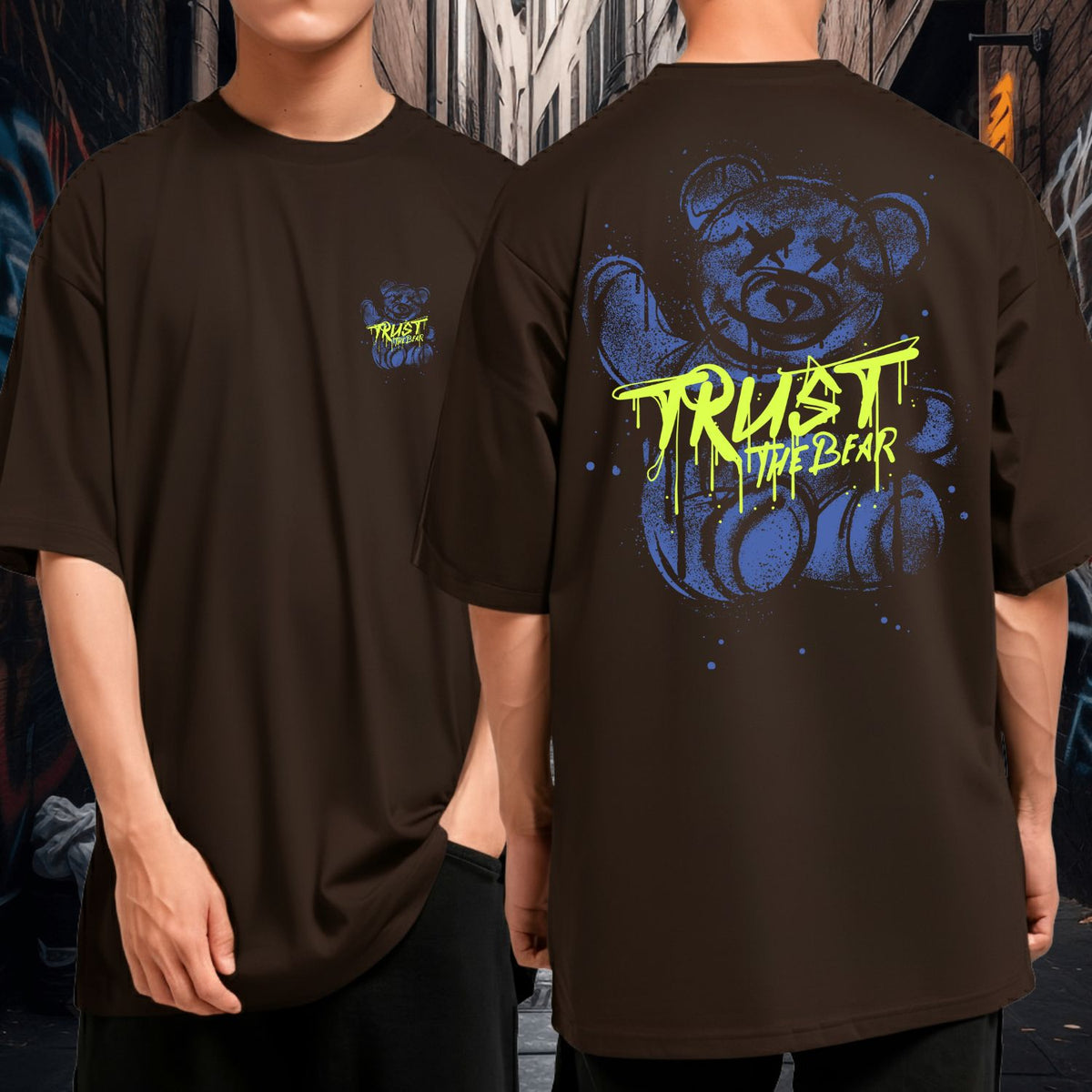 Camiseta Oversized Streetwear Casual Masculina Trust The Bear Urso Azul Preta