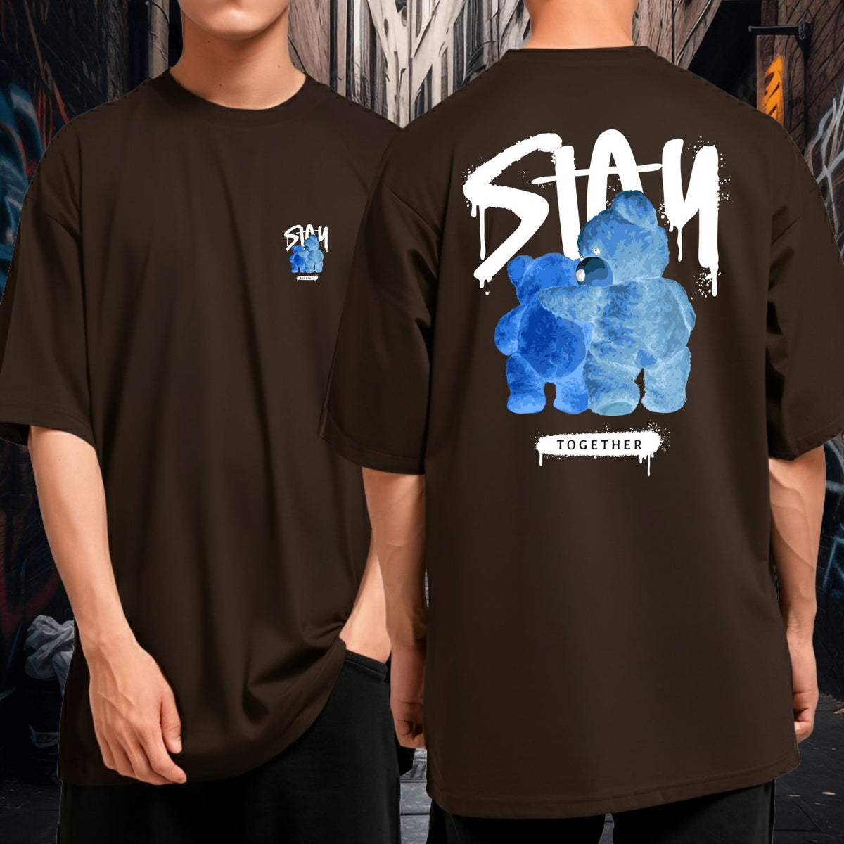 Camiseta Oversized Algodão Streetwear Stay Together Ursos Azuis Preta