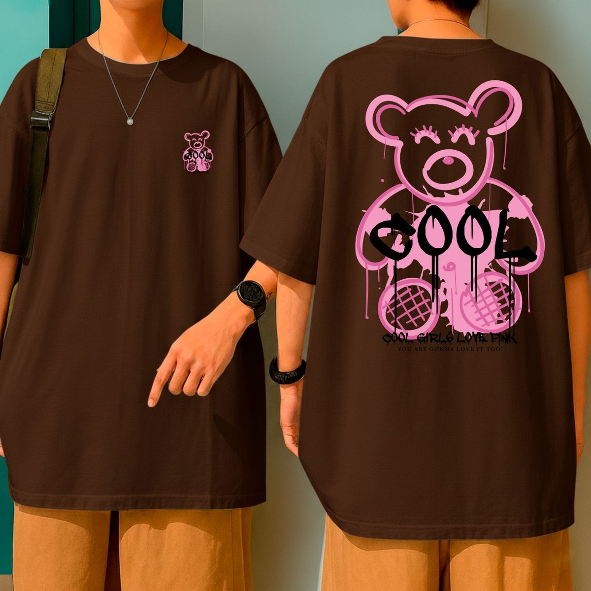 Camiseta Oversized Streetwear Feminina Cool Girl Bear Rosa Fashion