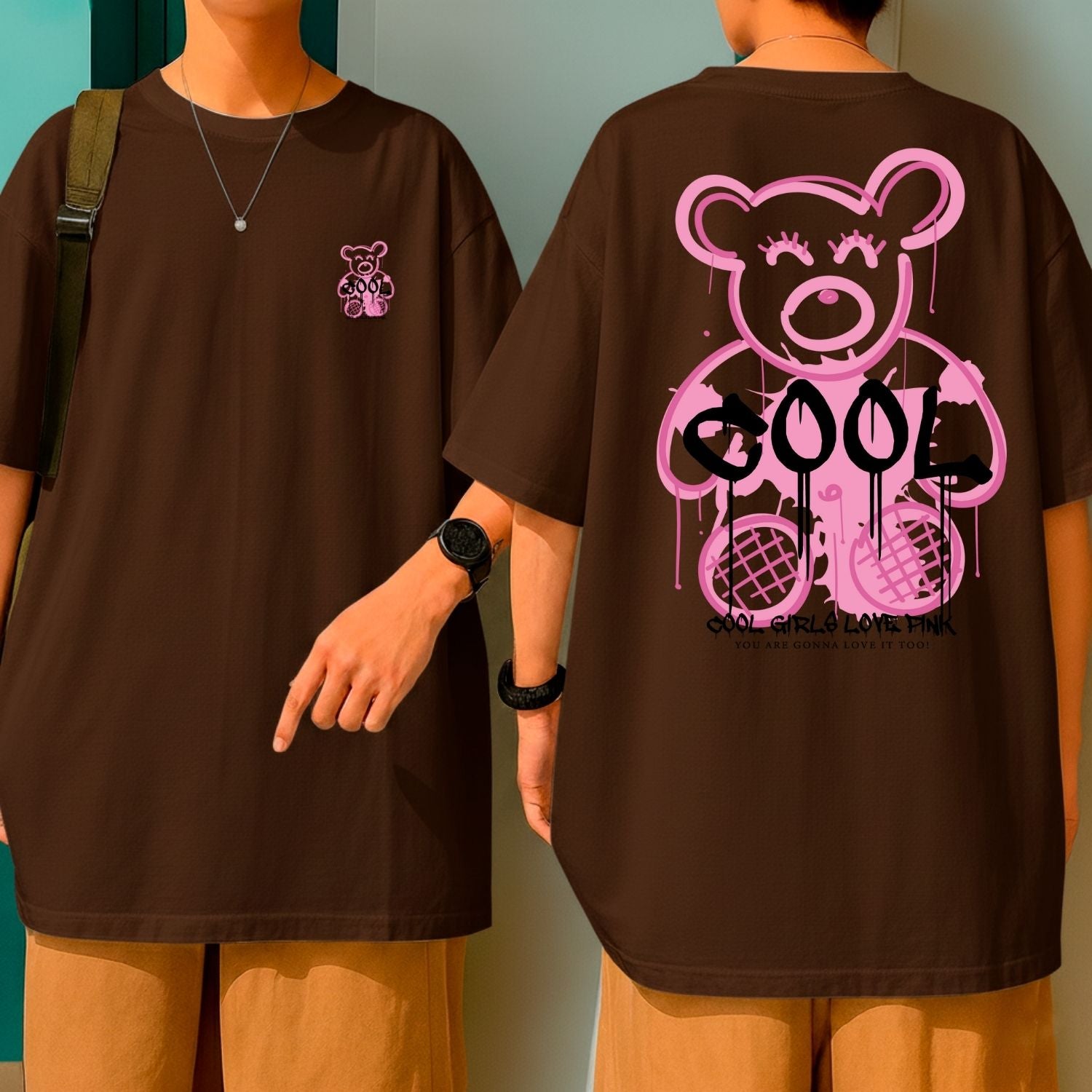 Camiseta Oversized Streetwear Feminina Cool Girl Bear Rosa Fashion