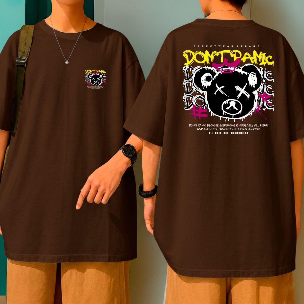 Camiseta Oversized Malha Premium Don't Panic Urso Grafite Streetwear