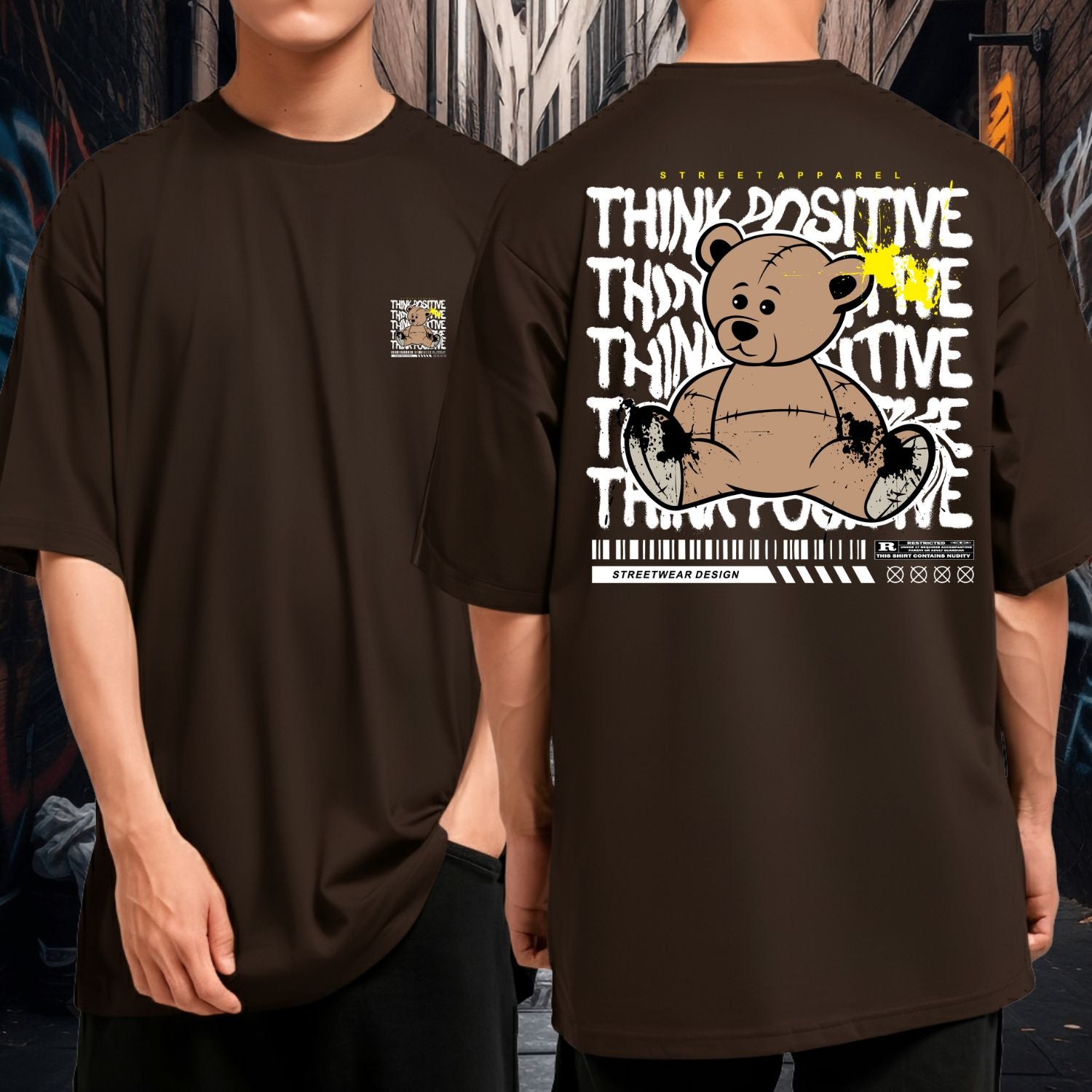 Camiseta Oversized Malha Grossa Larga Think Positive Bear Streetwear