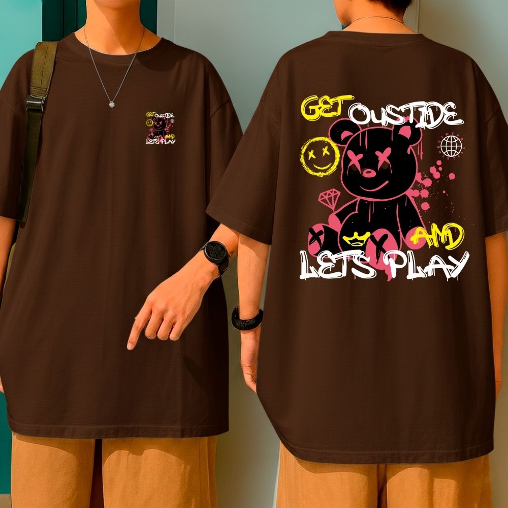 Camiseta Oversized Malha Grossa Premium Get Outside And Lets Play Bear