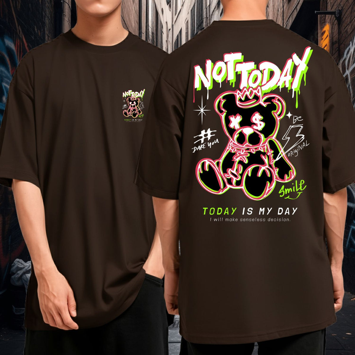 Camiseta Oversized Not Today Bear Streetwear Vibrante Malha Premium Fio 30.1