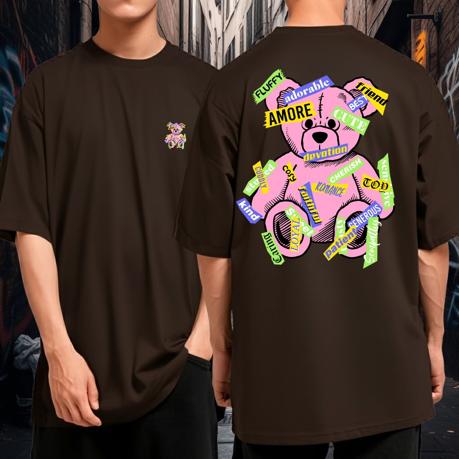 Camiseta Oversized Streetwear 100% Algodão Amore Urso Rosa Pop Preta