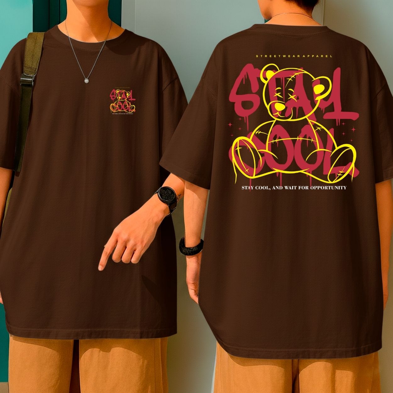 Camiseta Oversized Malha Grossa Gola Redonda Streetwear Stay Cool Bear Moda Urbana