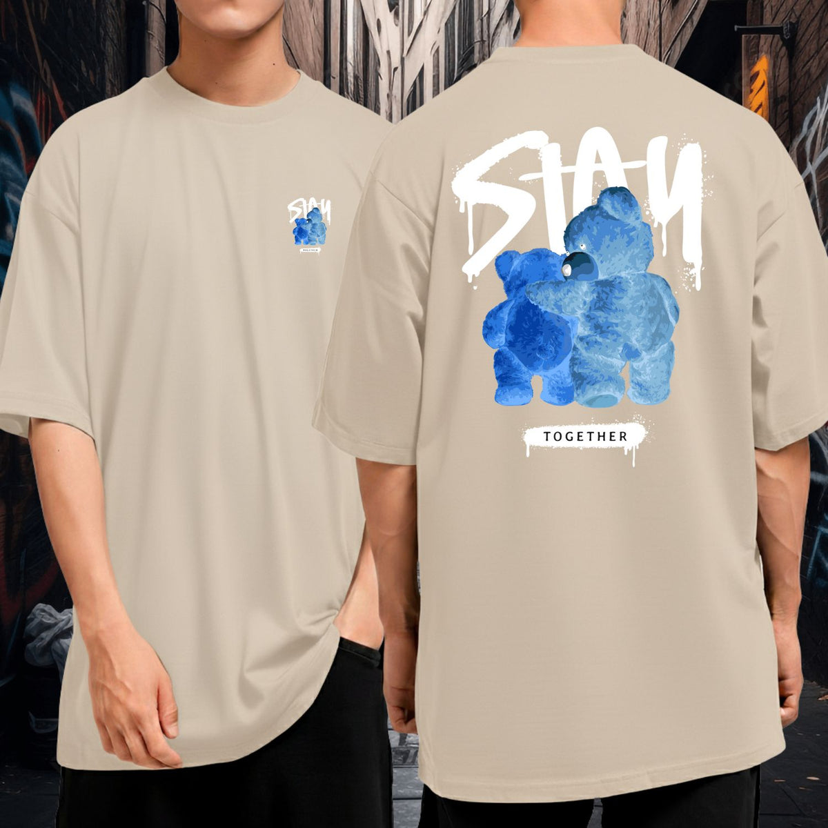 Camiseta Oversized Algodão Streetwear Stay Together Ursos Azuis Preta