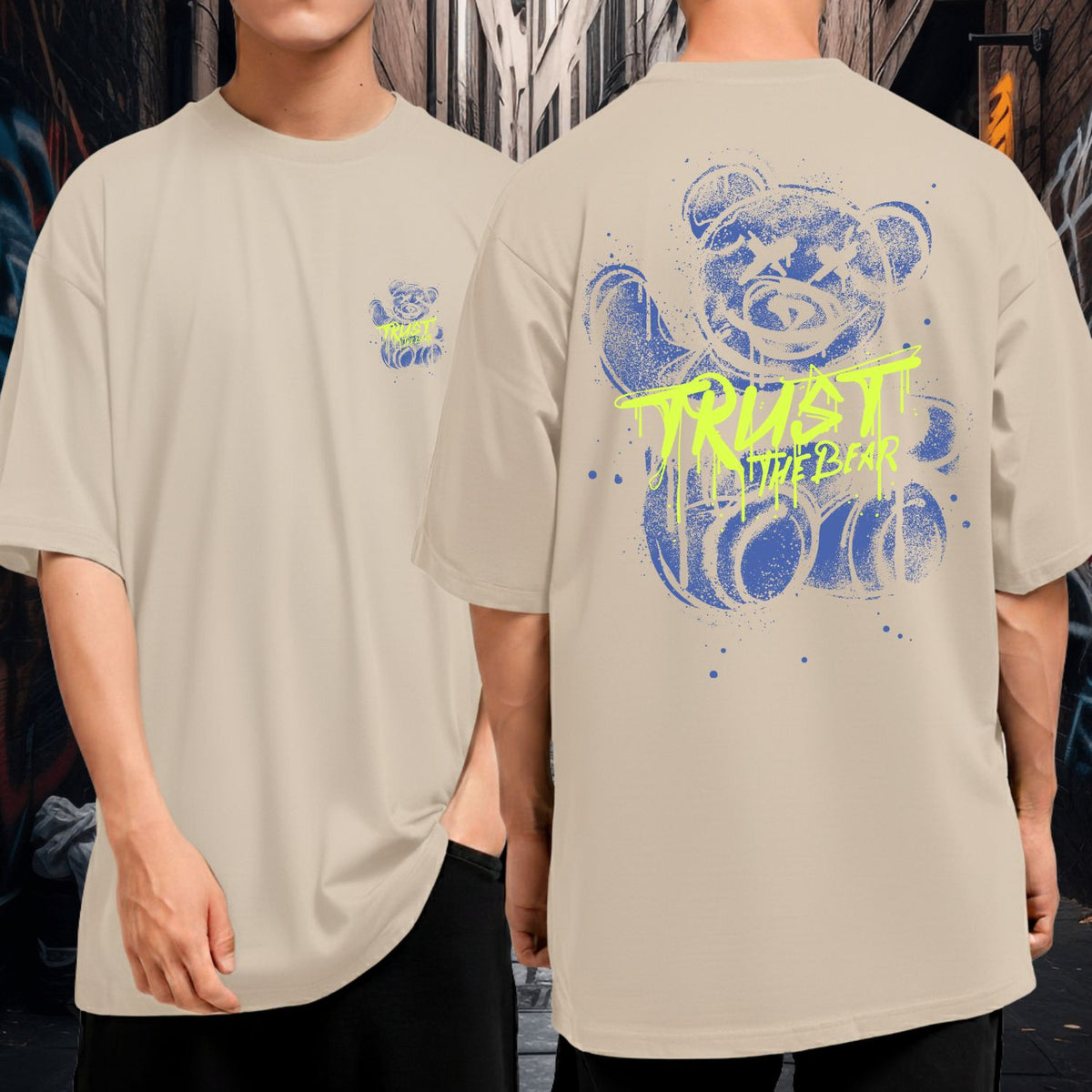 Camiseta Oversized Streetwear Casual Masculina Trust The Bear Urso Azul Preta