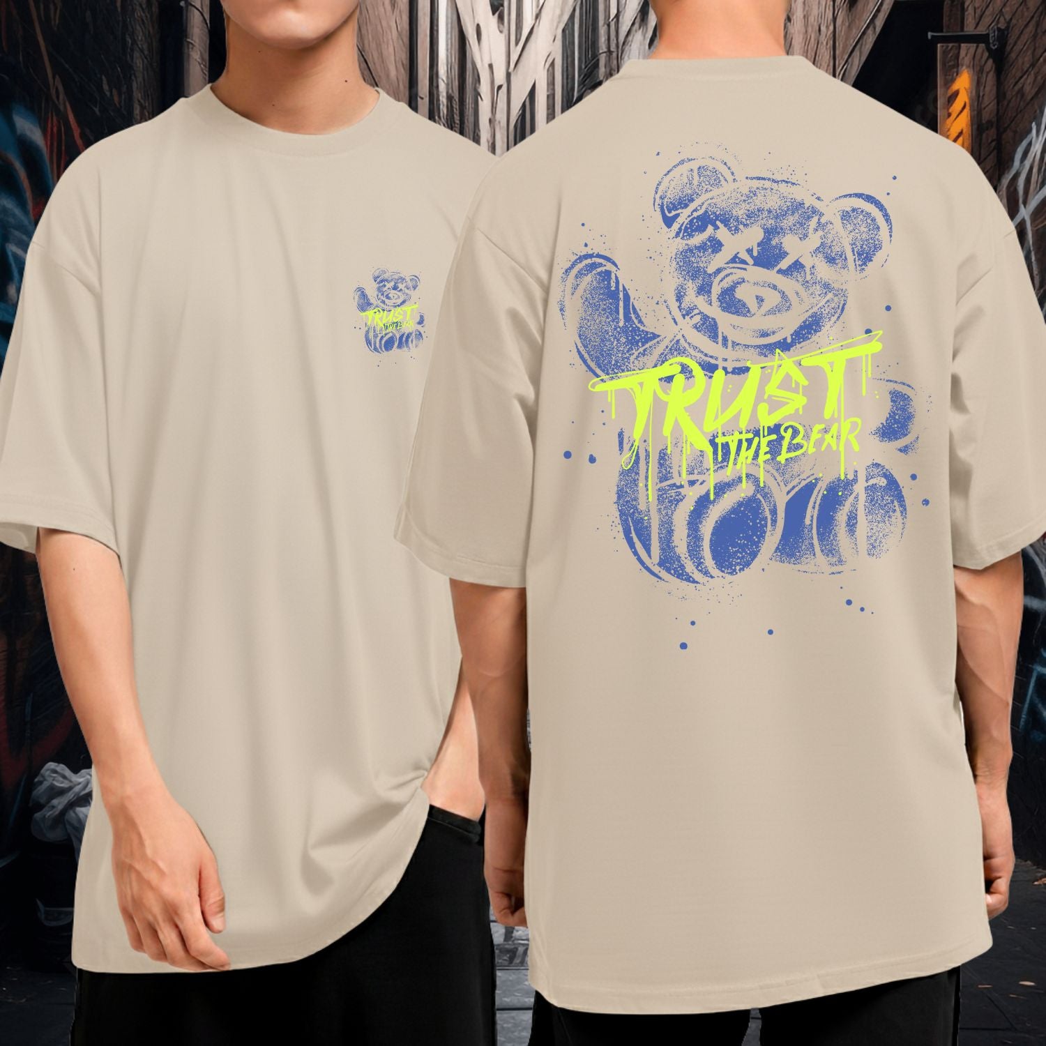 Camiseta Oversized Streetwear Casual Masculina Trust The Bear Urso Azul Preta
