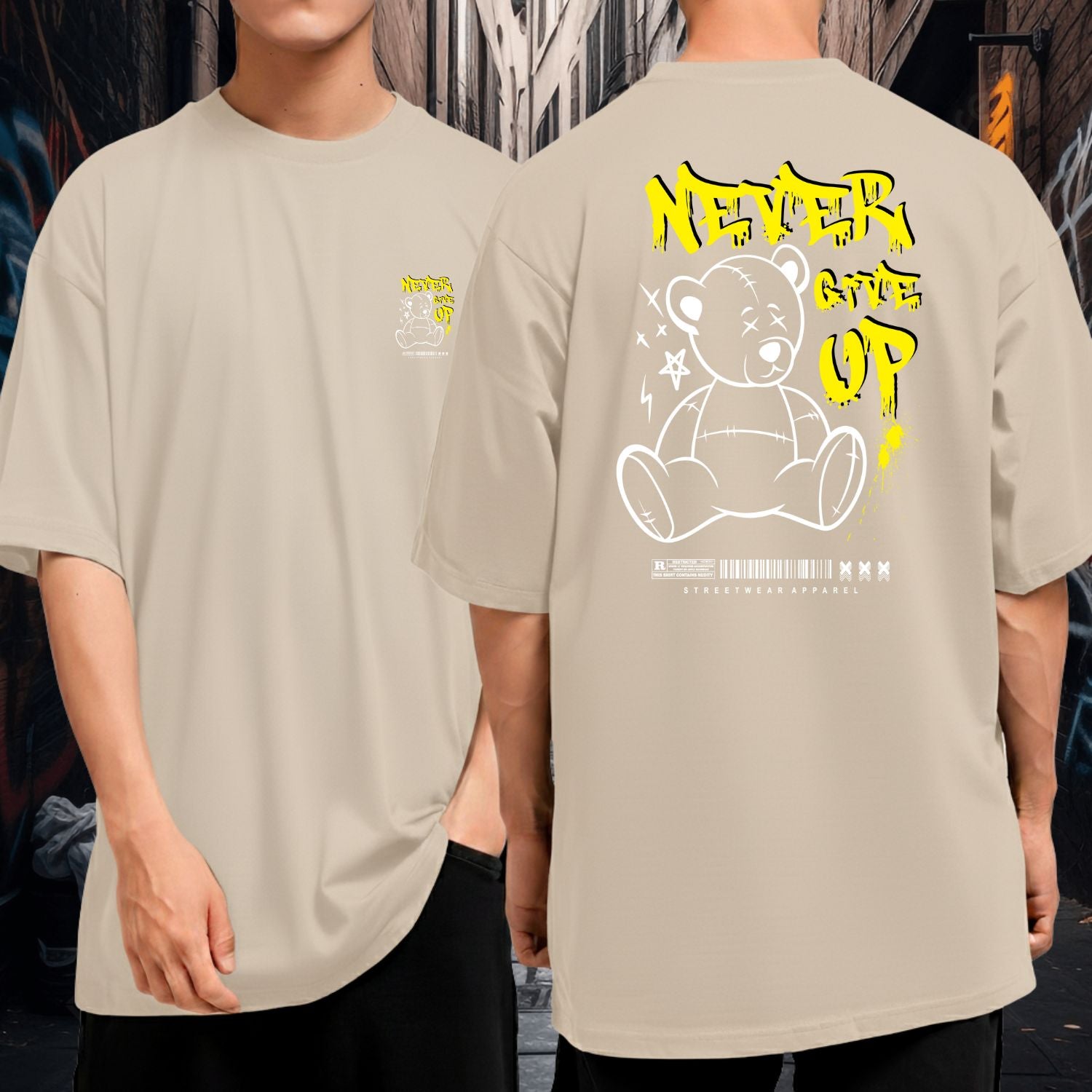 Camiseta Oversized Larga Streetwear Never Give Up Bear Moda Urbana