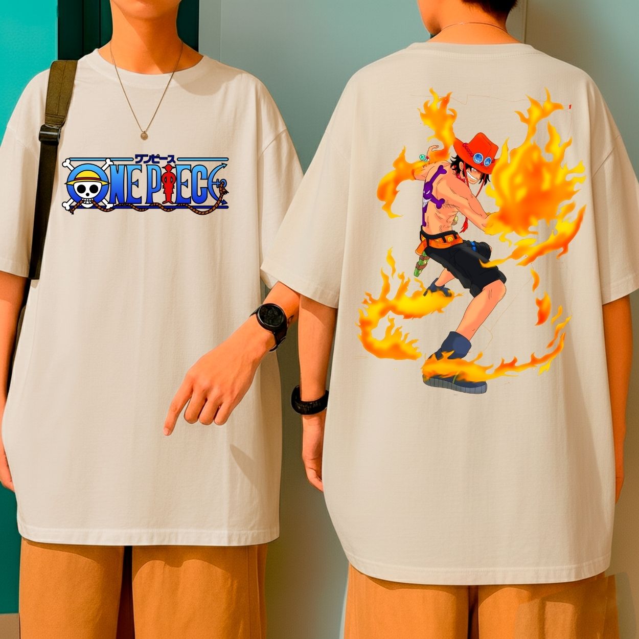 Camiseta Oversized Ace Punhos De Fogo Anime One Piece Blusão 100% Algodão Malha Grossa