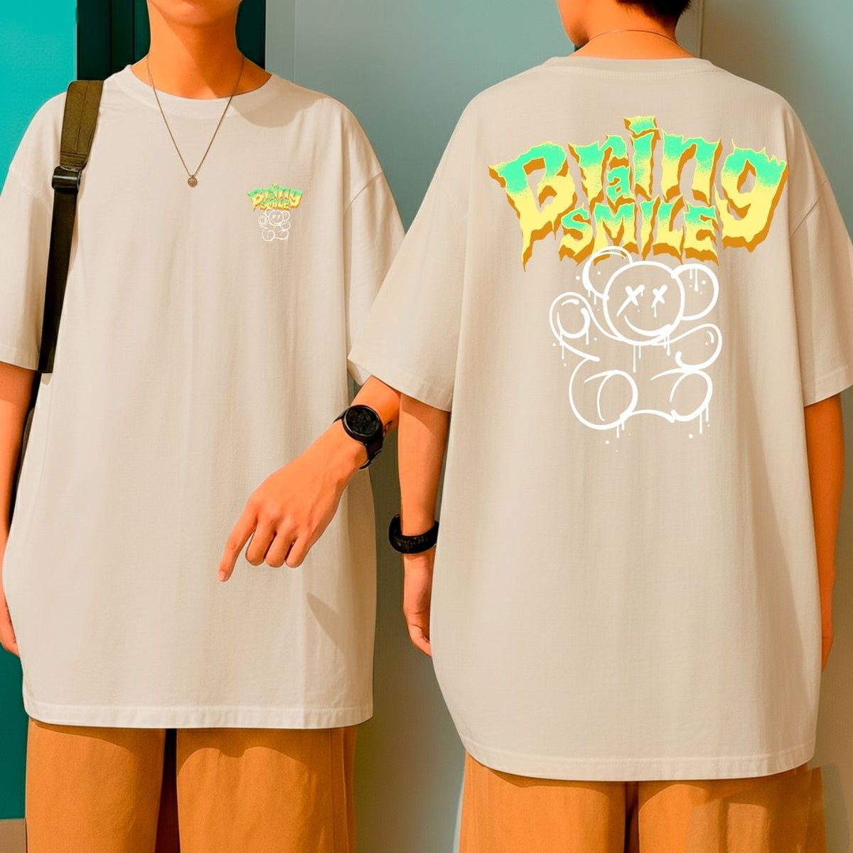 Camiseta Oversized Streetwear Urso Bring a Smile Atitude Blusão Malha Premium Largo