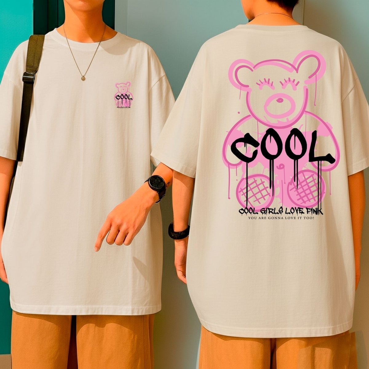 Camiseta Oversized Streetwear Feminina Cool Girl Bear Rosa Fashion