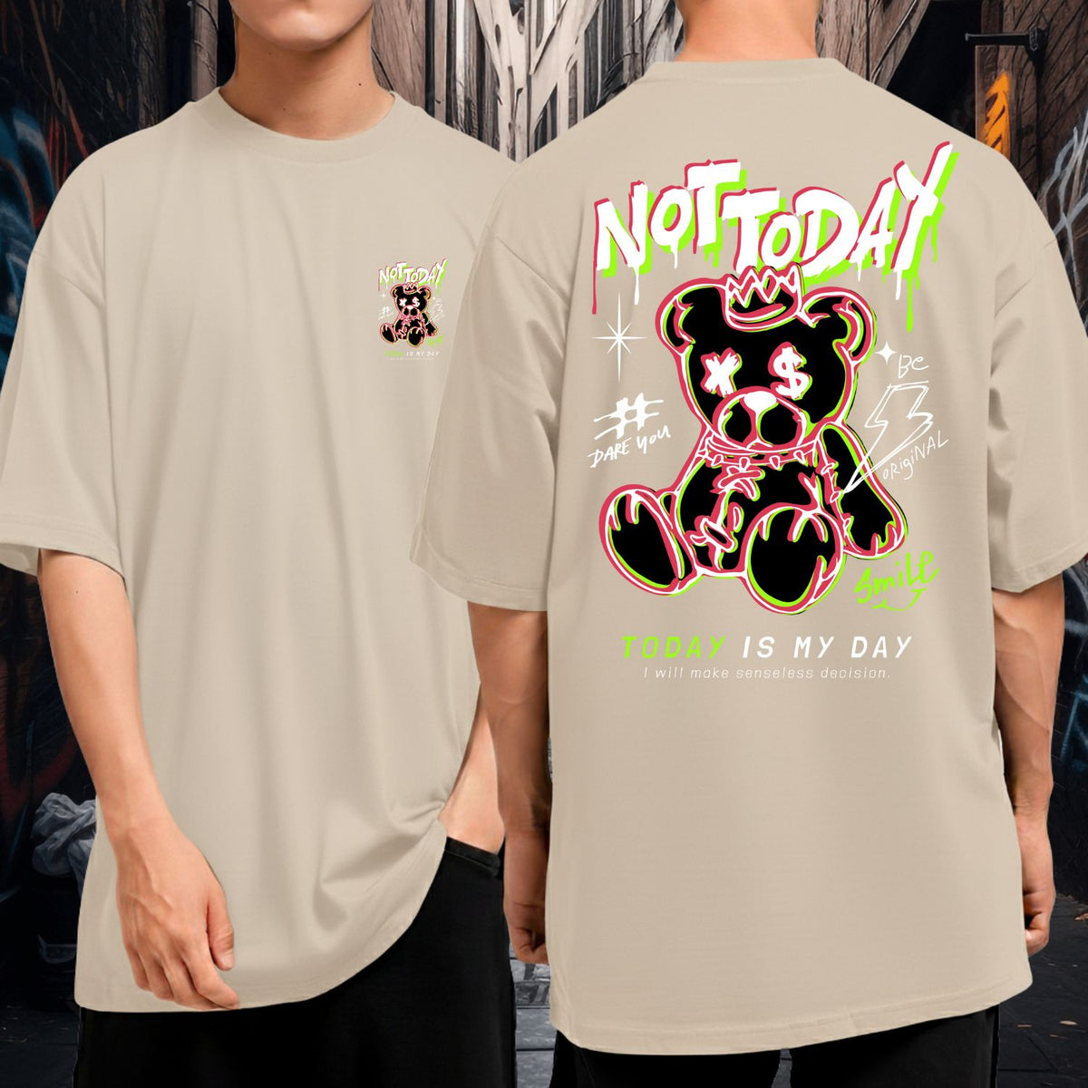 Camiseta Oversized Not Today Bear Streetwear Vibrante Malha Premium Fio 30.1