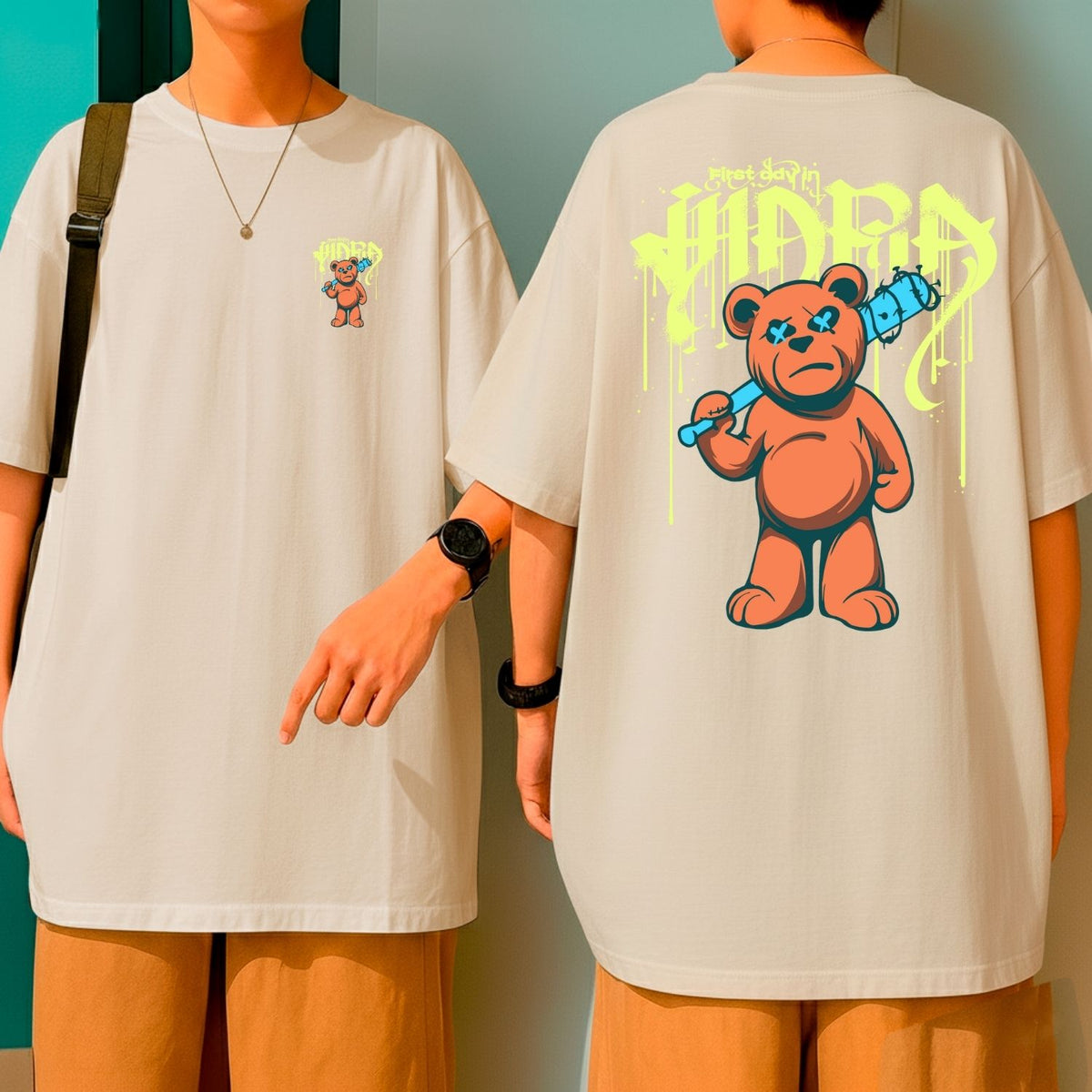 Camiseta Oversized Malha Premium Algodão Streetwear Urban Bear Urso Grafite Preta