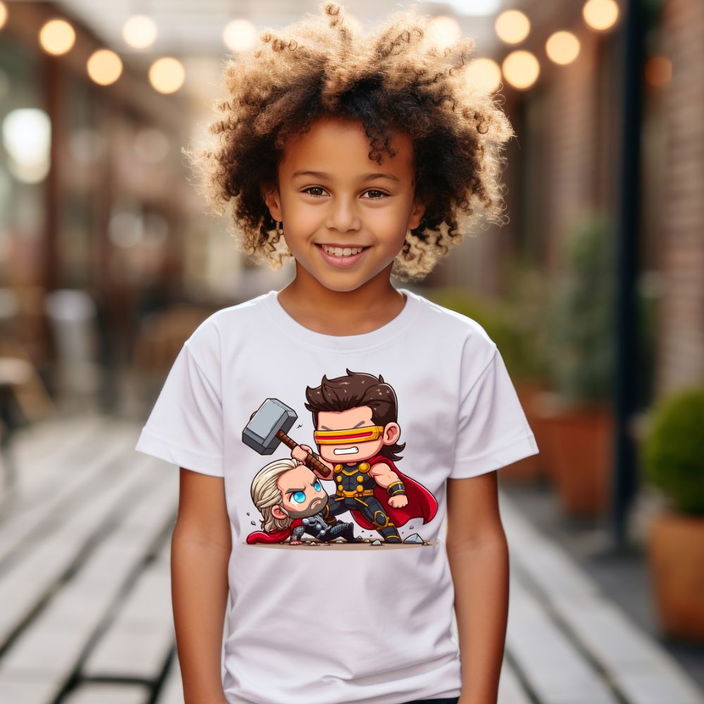 Camiseta Infanto Juvenil Personagens Super Heróis Thor vs Ciclope