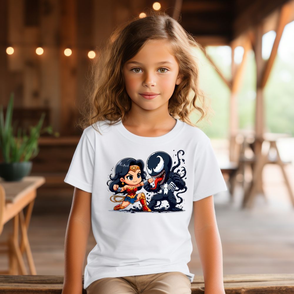 Camiseta Infanto Juvenil Personagens Mulher Maravilha vs Venom