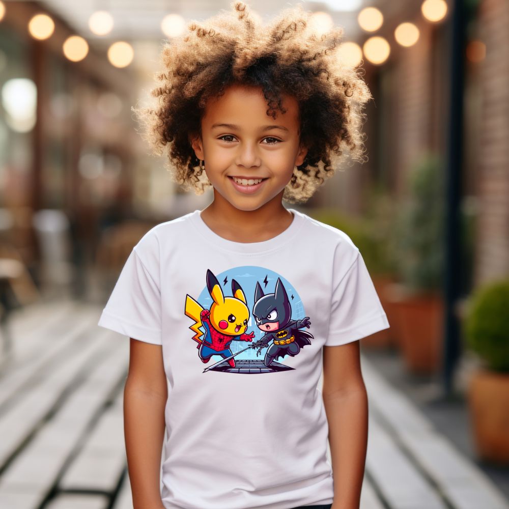 Camiseta Infanto Juvenil Personagens Pikachu Super Heróis vs Batman