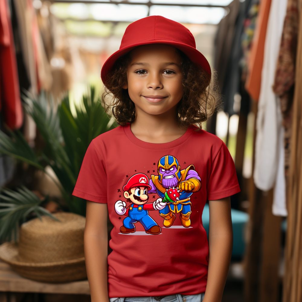 Camiseta Infanto Juvenil Personagens Super Mario vs Thanos