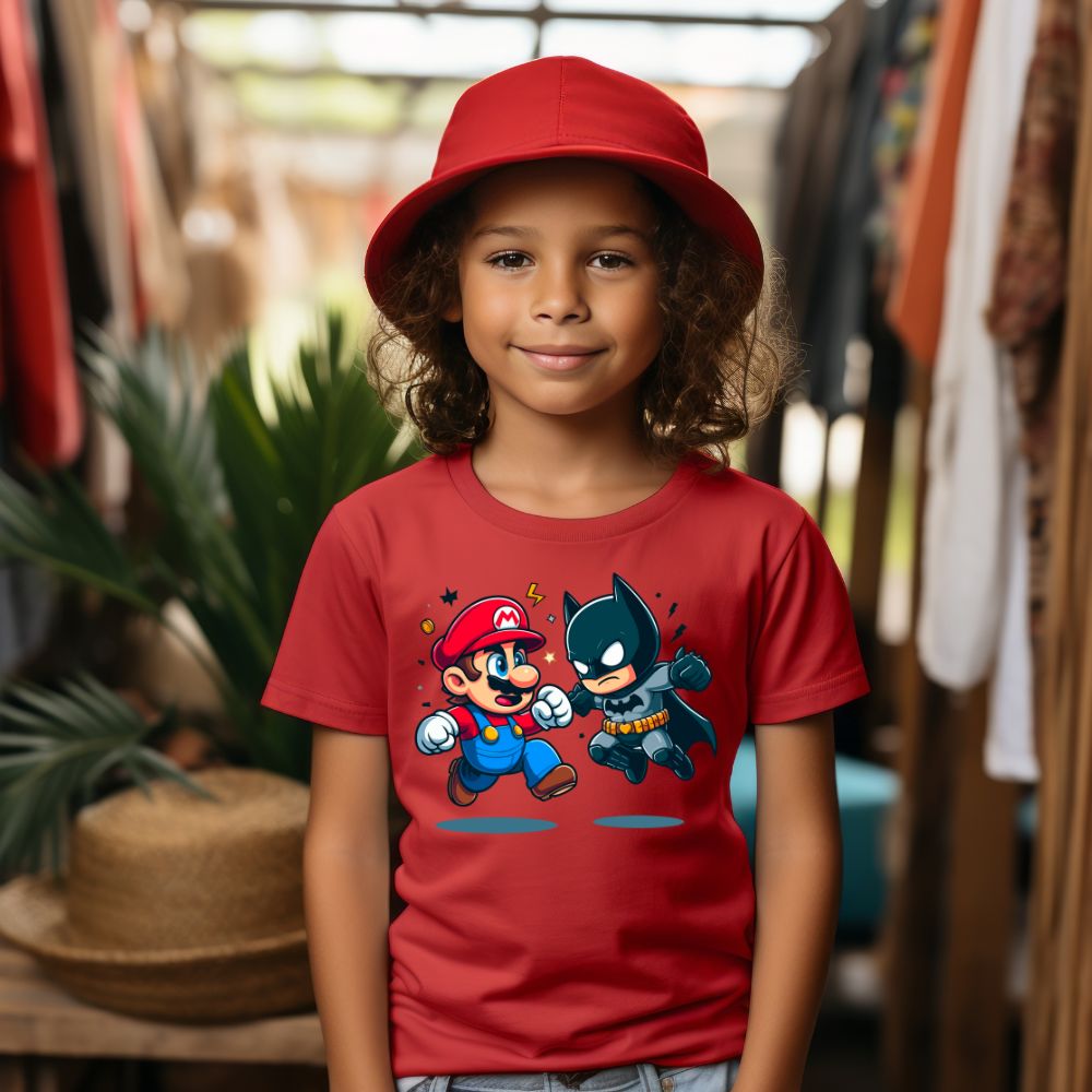 Camiseta Infanto Juvenil Personagens Super Mario vs Batman