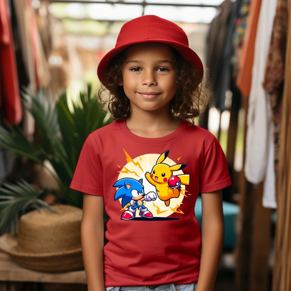 Camiseta Infanto Juvenil Personagens Pikachu Super Heróis vs Sonic