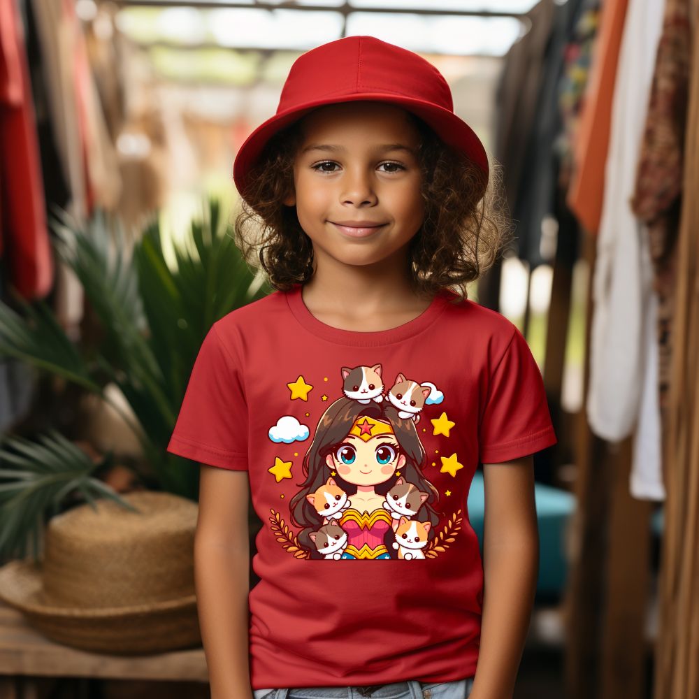 Camiseta Infanto Juvenil Personagens Mulher Maravilha Gatinhos- 01
