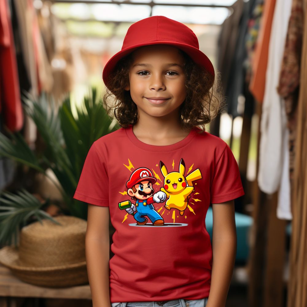 Camiseta Infanto Juvenil Personagens Pikachu Heróis vs Super Mario