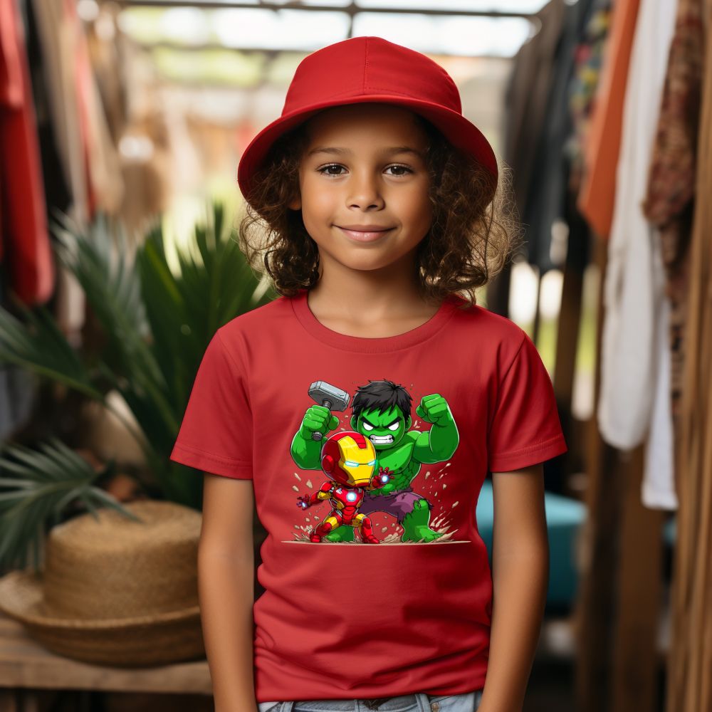 Camiseta Infanto Juvenil Personagens Super Heróis Hulk vs Homem de Ferro