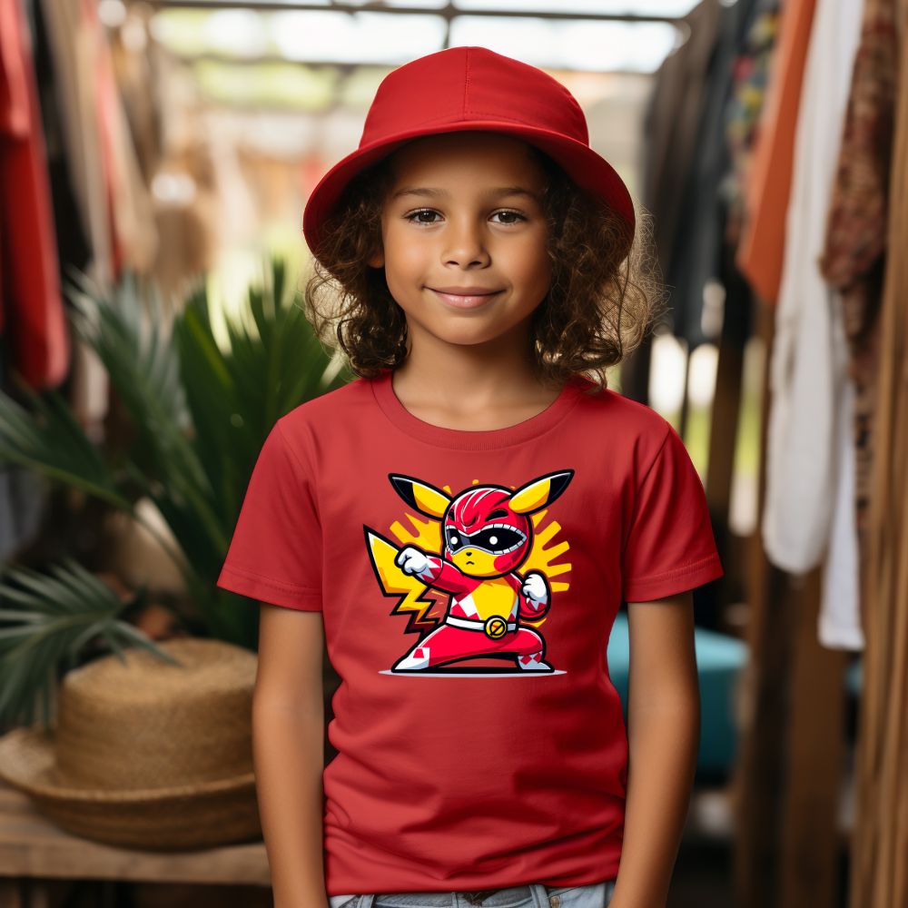 Camiseta Infanto Juvenil Personagens Pikachu Heróis Power Rangers