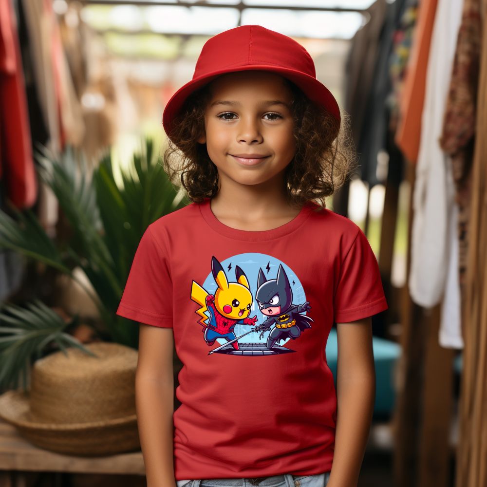 Camiseta Infanto Juvenil Personagens Pikachu Super Heróis vs Batman