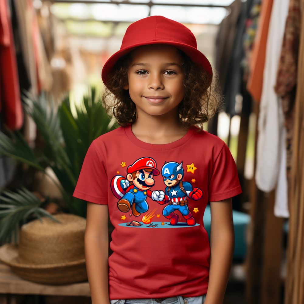 Camiseta Infanto Juvenil Personagens Super Mario vs Capitão América
