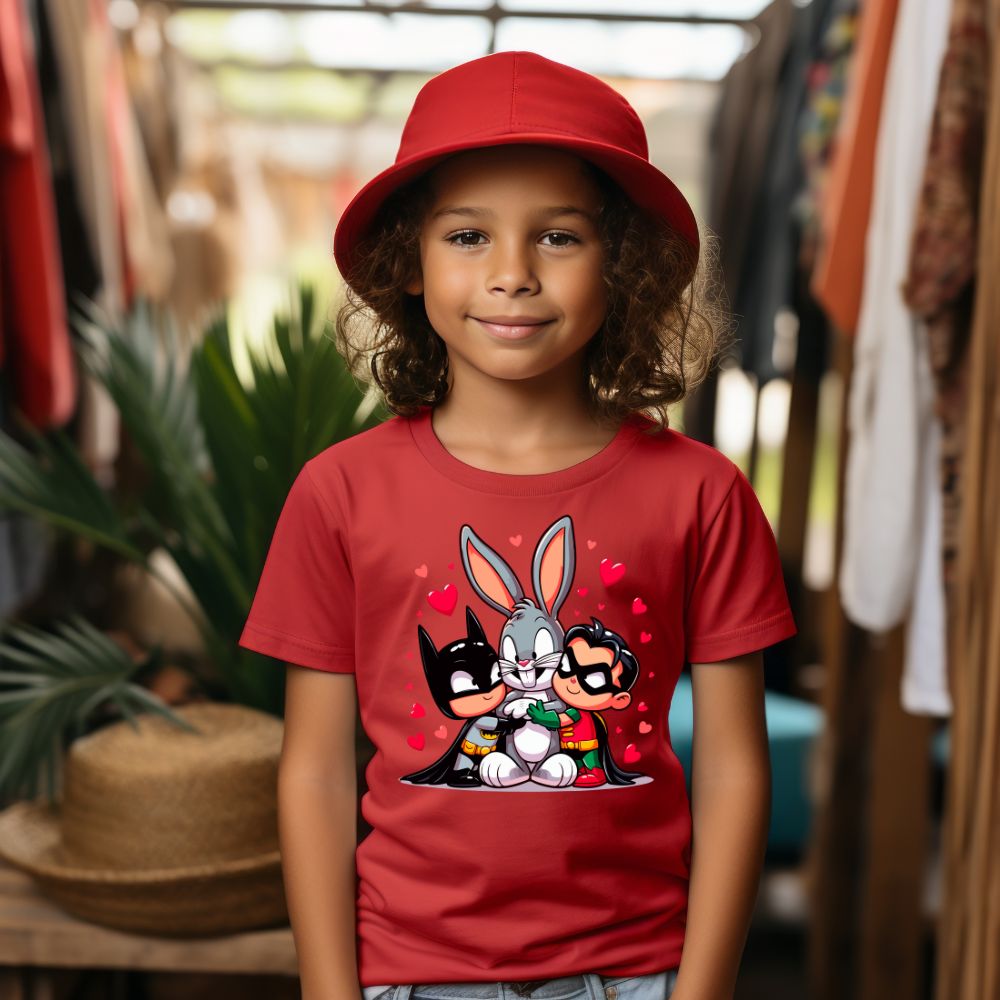Camiseta Infanto Juvenil Personagens Pernalonga Heróis Batman e Robbin