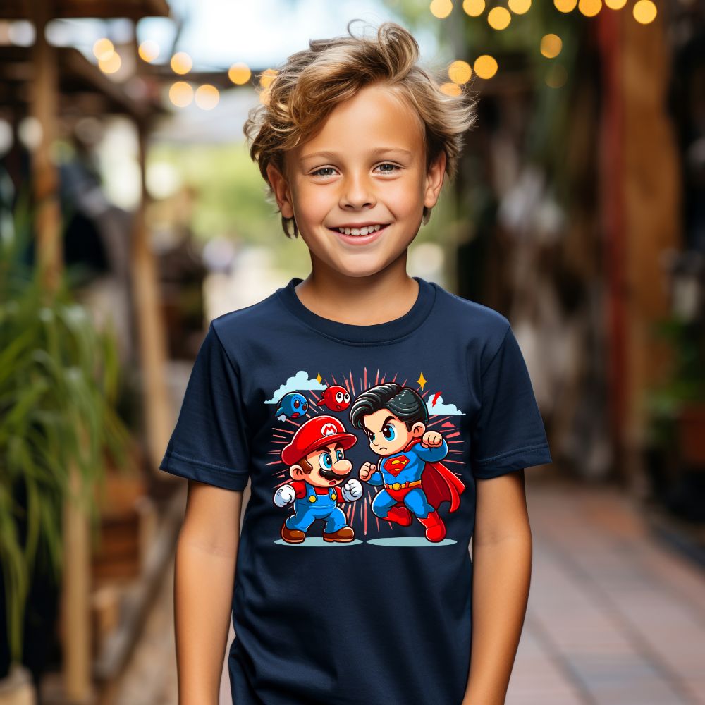 Camiseta Infanto Juvenil Personagens Super Mario vs Superman