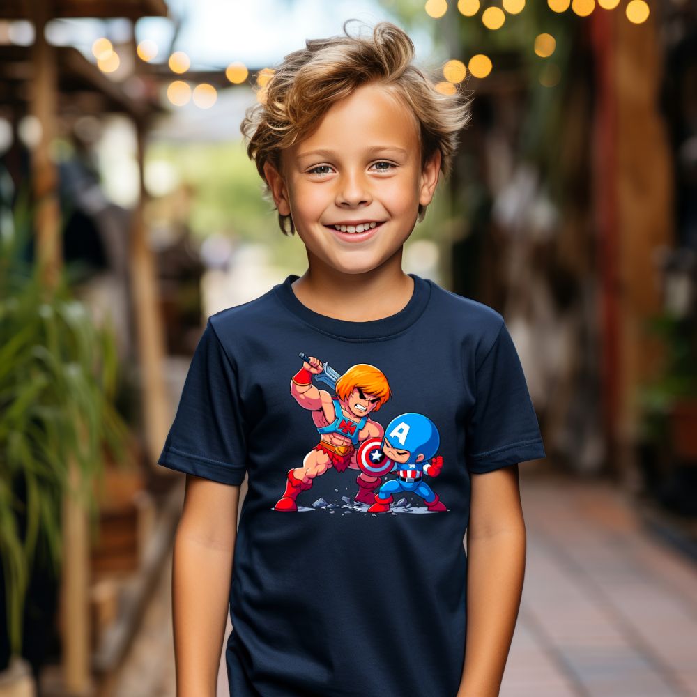 Camiseta Infanto Juvenil Personagens He-man vs Capitão América