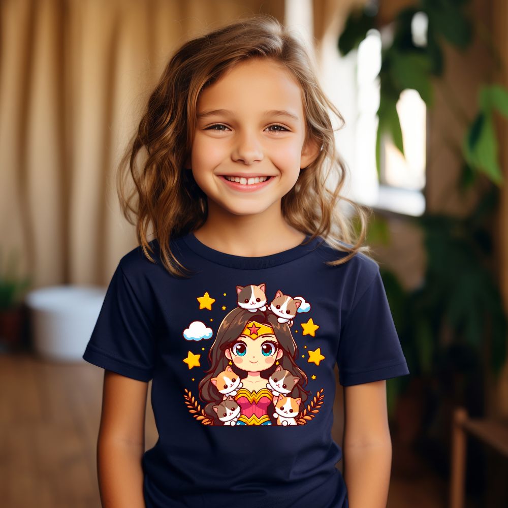 Camiseta Infanto Juvenil Personagens Mulher Maravilha Gatinhos- 01