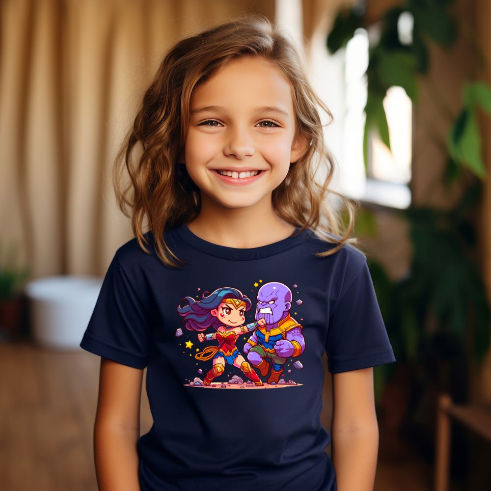 Camiseta Infanto Juvenil Personagens Mulher Maravilha vs Thanos