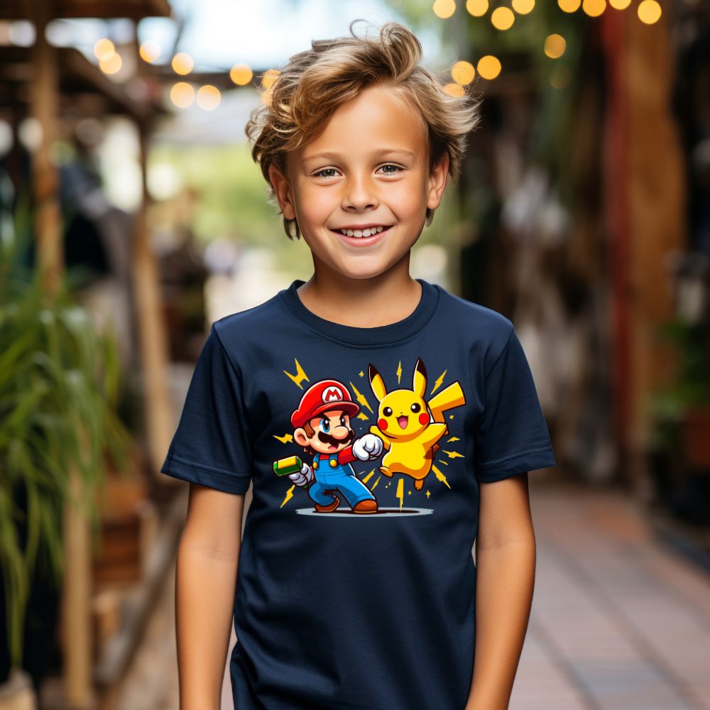 Camiseta Infanto Juvenil Personagens Pikachu Heróis vs Super Mario