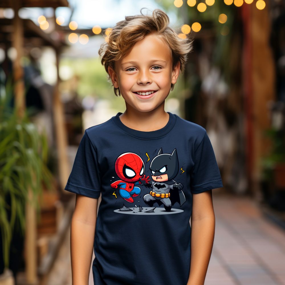 Camiseta Infanto Juvenil Personagens Super Heróis Batman vs Homem Aranha