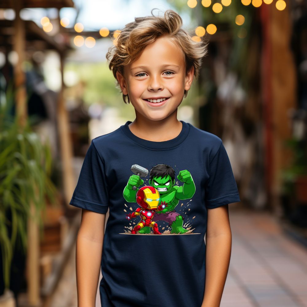 Camiseta Infanto Juvenil Personagens Super Heróis Hulk vs Homem de Ferro