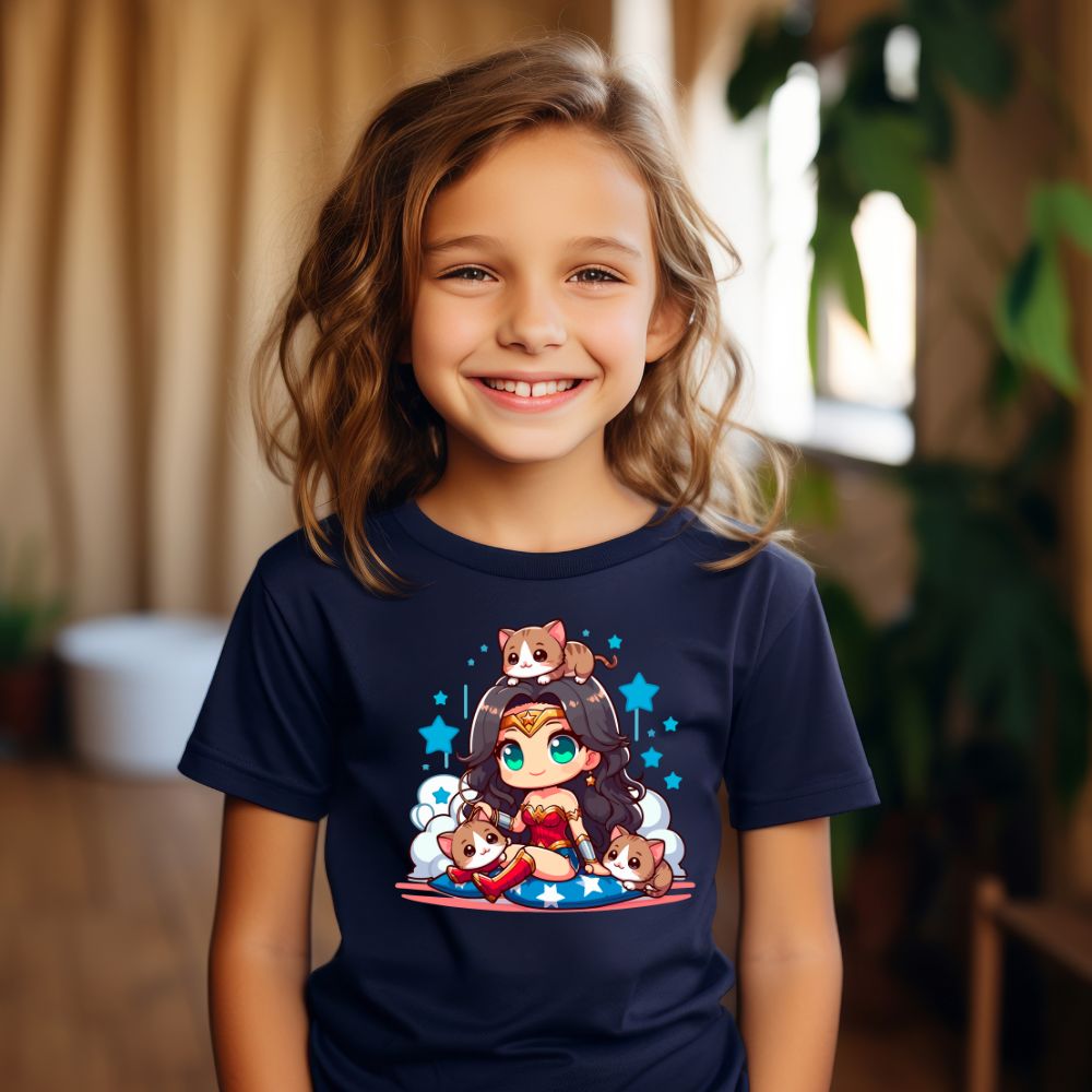 Camiseta Infanto Juvenil Personagens Mulher Maravilha Gatinhos