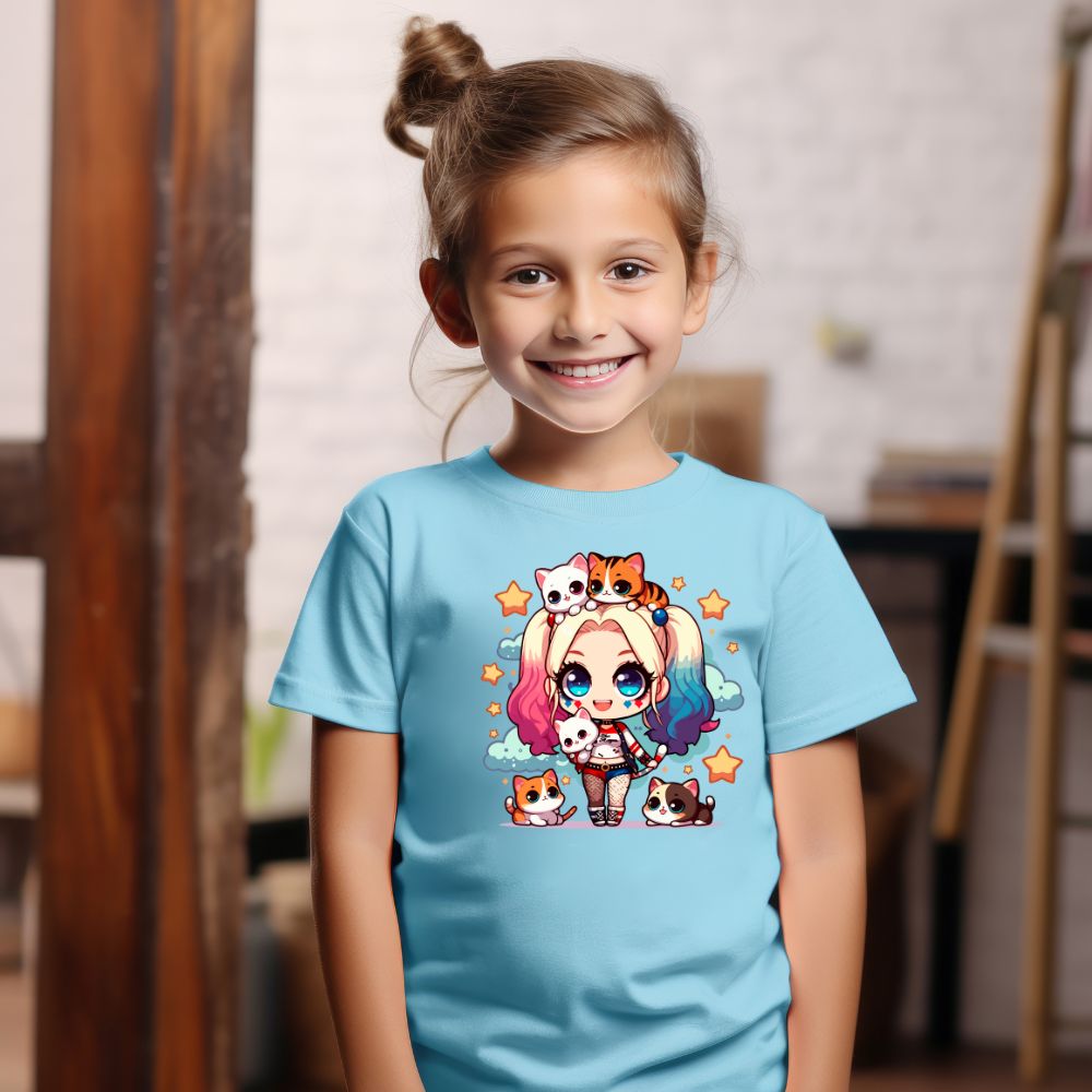Camiseta Infanto Juvenil Personagens Arlequina Gatinhos