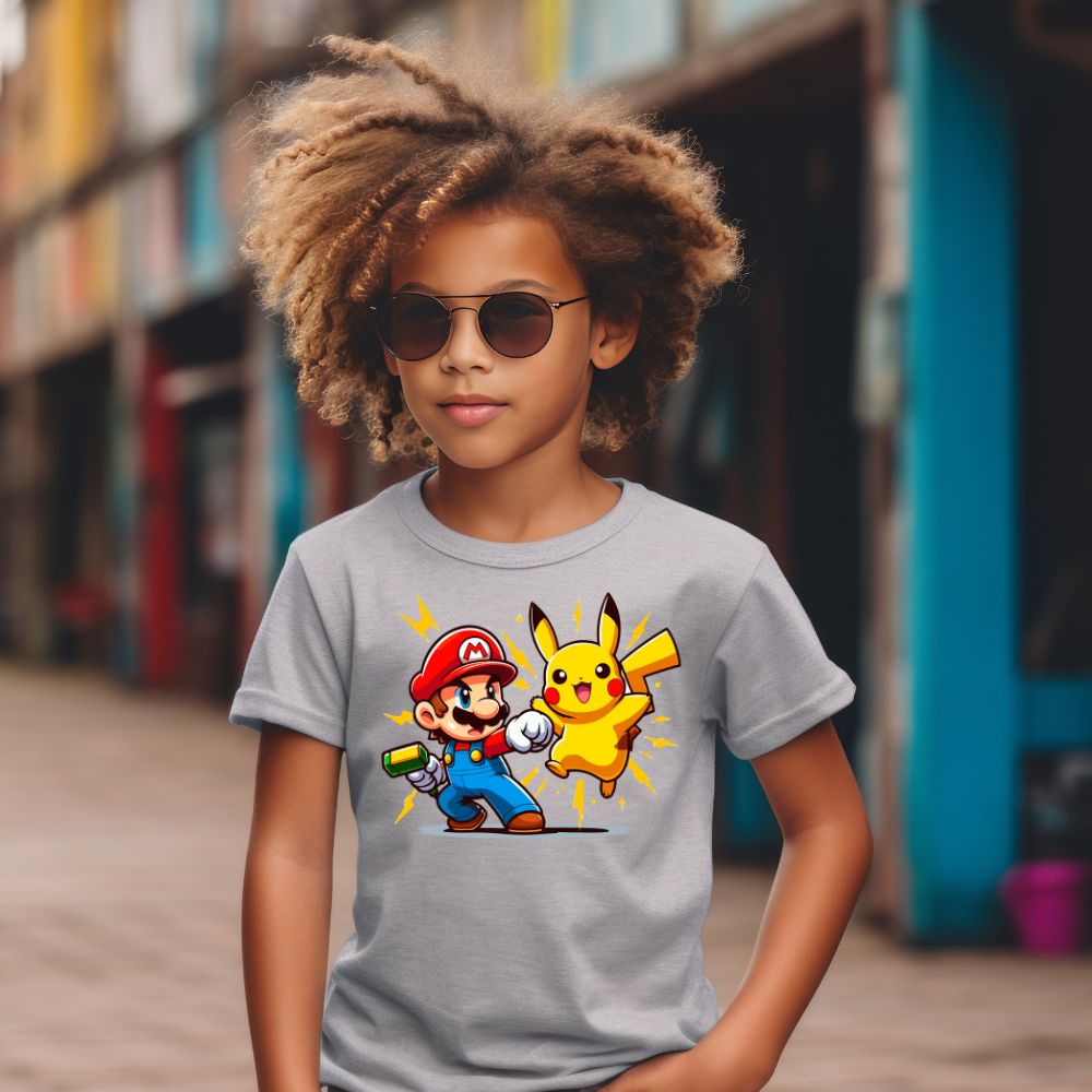 Camiseta Infanto Juvenil Personagens Pikachu Heróis vs Super Mario