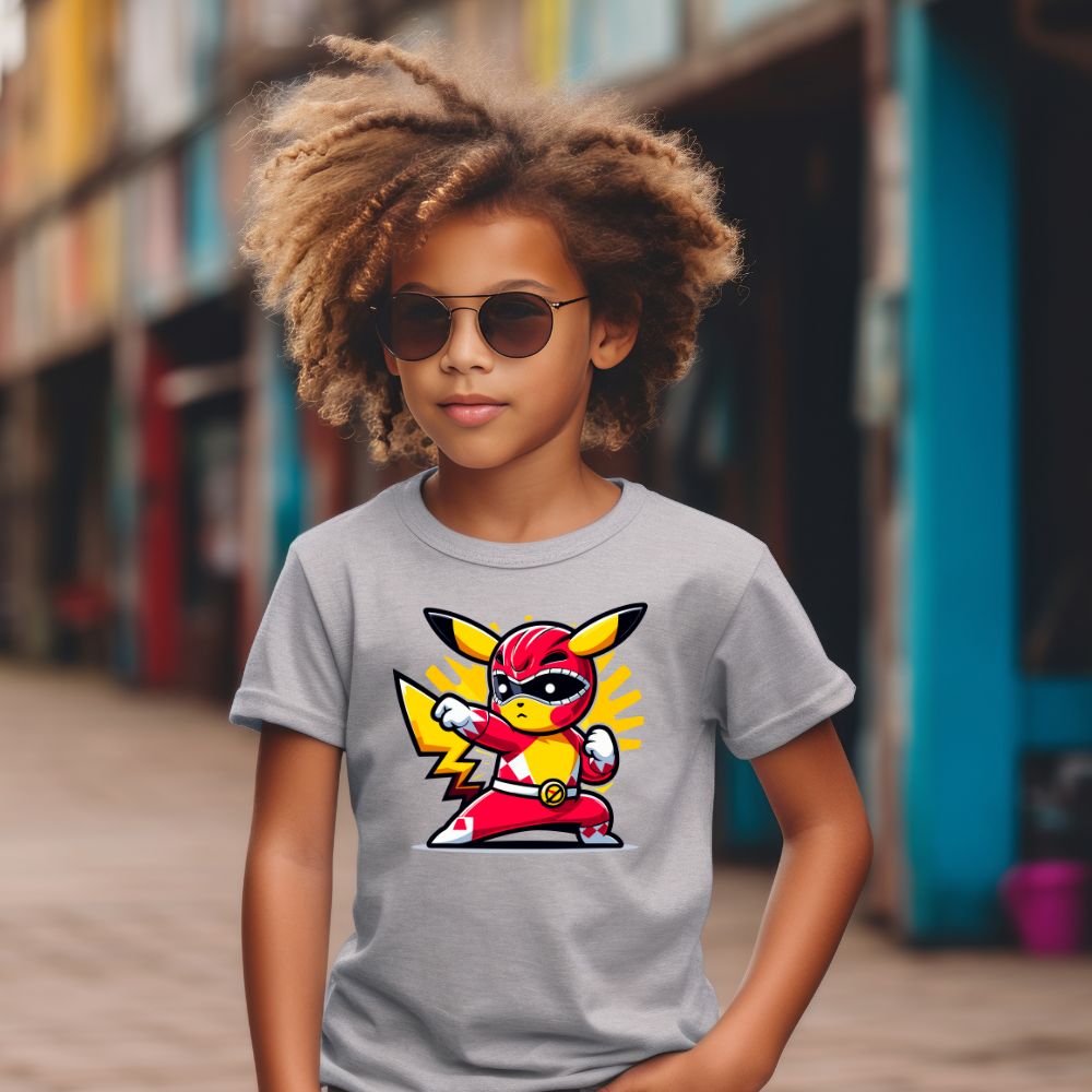 Camiseta Infanto Juvenil Personagens Pikachu Heróis Power Rangers