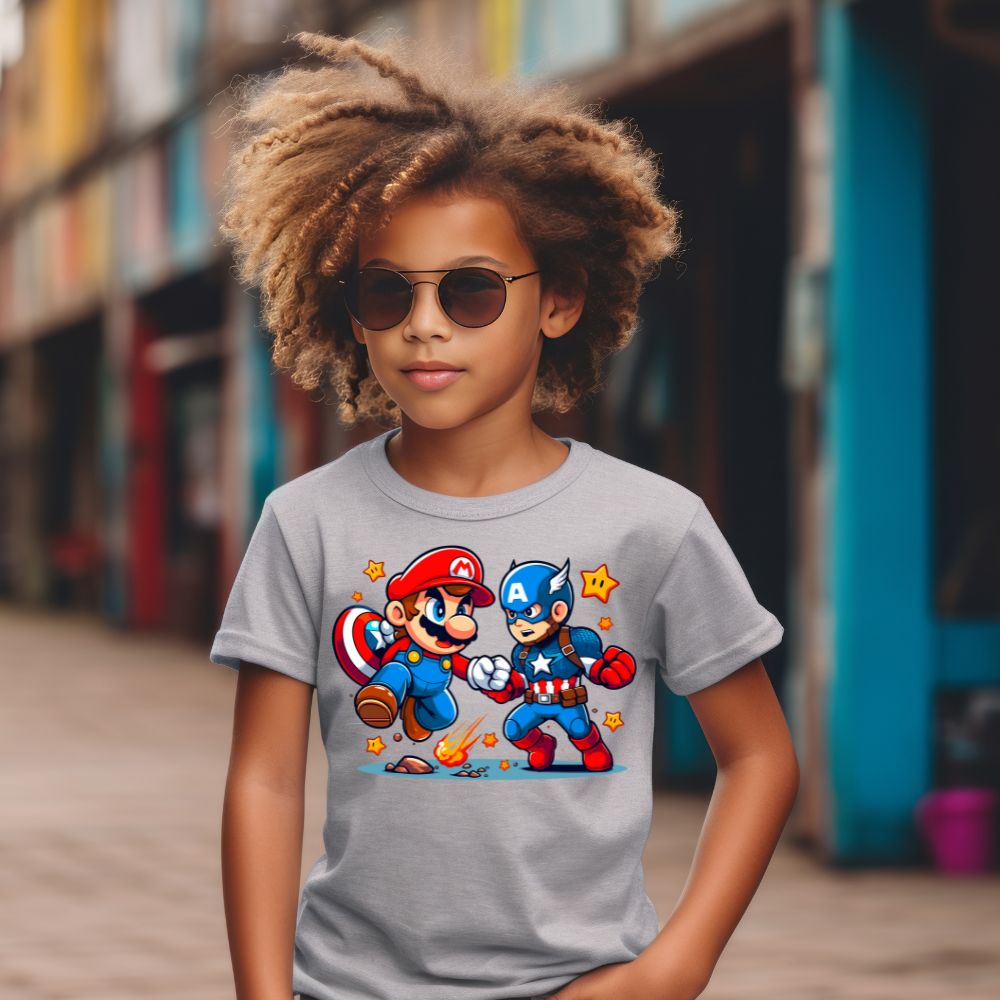 Camiseta Infanto Juvenil Personagens Super Mario vs Capitão América