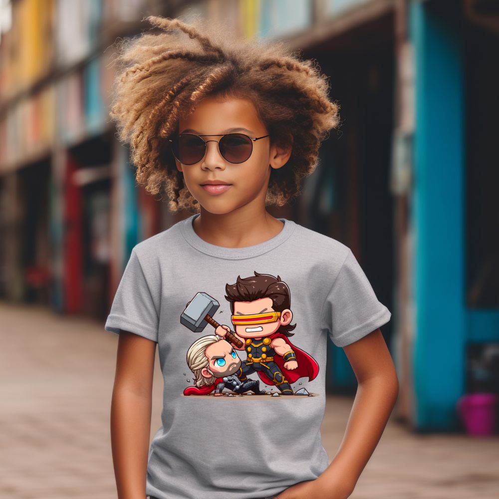 Camiseta Infanto Juvenil Personagens Super Heróis Thor vs Ciclope