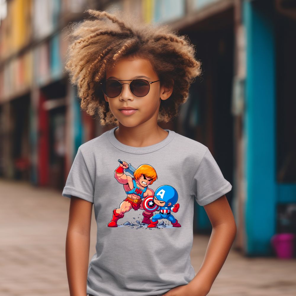 Camiseta Infanto Juvenil Personagens He-man vs Capitão América