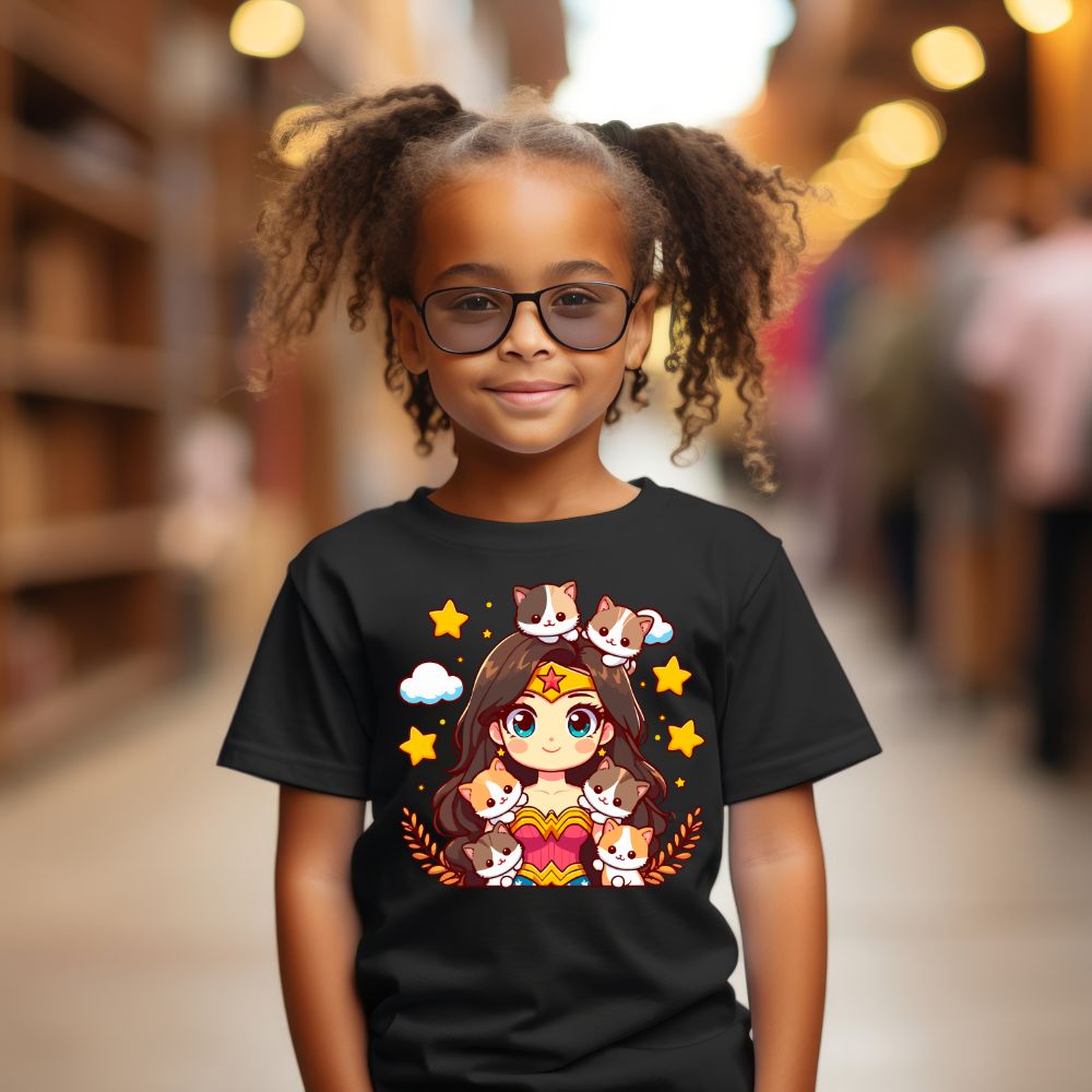 Camiseta Infanto Juvenil Personagens Mulher Maravilha Gatinhos- 01