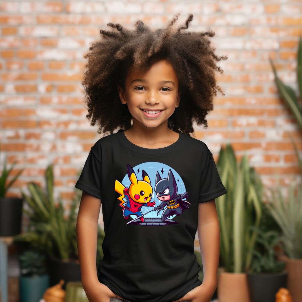 Camiseta Infanto Juvenil Personagens Pikachu Super Heróis vs Batman