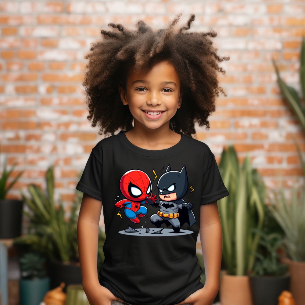 Camiseta Infanto Juvenil Personagens Super Heróis Batman vs Homem Aranha