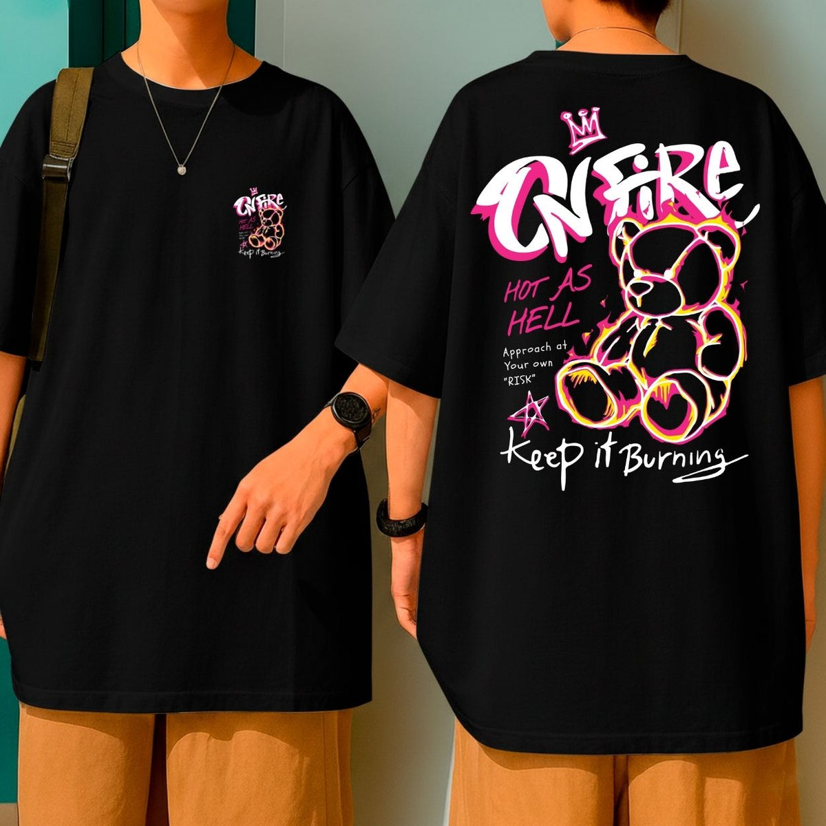 Camiseta Oversized Fio 30.1 Malha Grossa Ursinho Keep It Burning Blusão Largo Gola Redonda